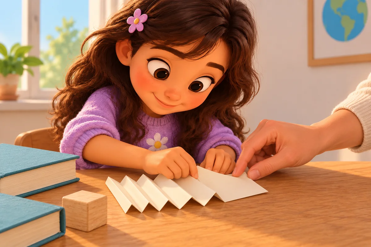 A child and grown-up fold a sheet of paper back and forth into an accordion.