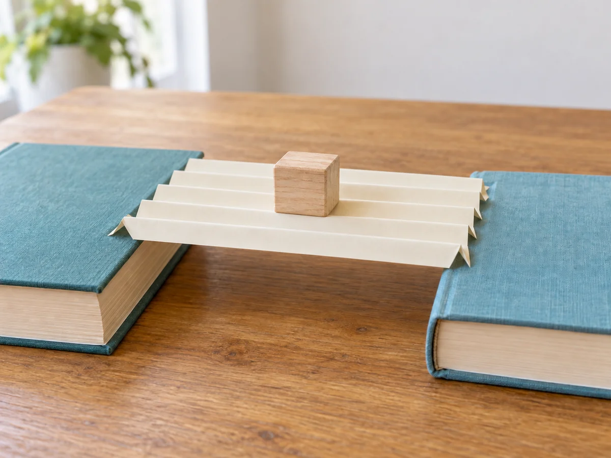 Accordion-folded paper spans two books, with a small wooden block resting in the middle. The folds run from book to book.