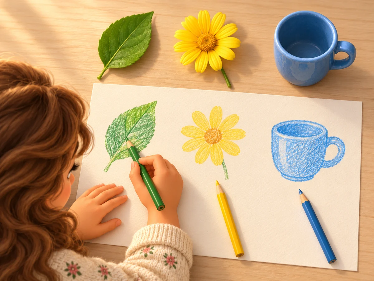 A green leaf, yellow flower and blue cup sit beside a child’s matching pencil drawings for a colour hunt.