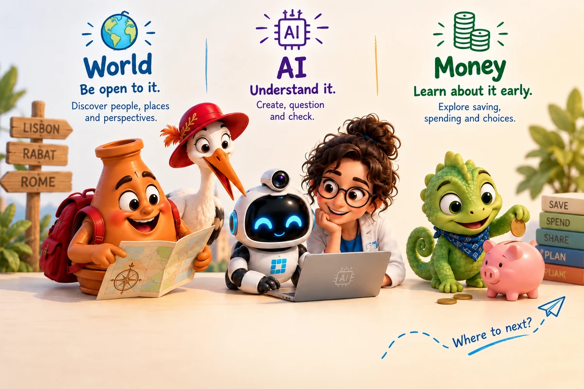 Toto, Kiki, Pixel, Dr. Ada and Zayane exploring World, AI and Money together: discover people, places and perspectives; create, question and check; explore saving, spending and choices.